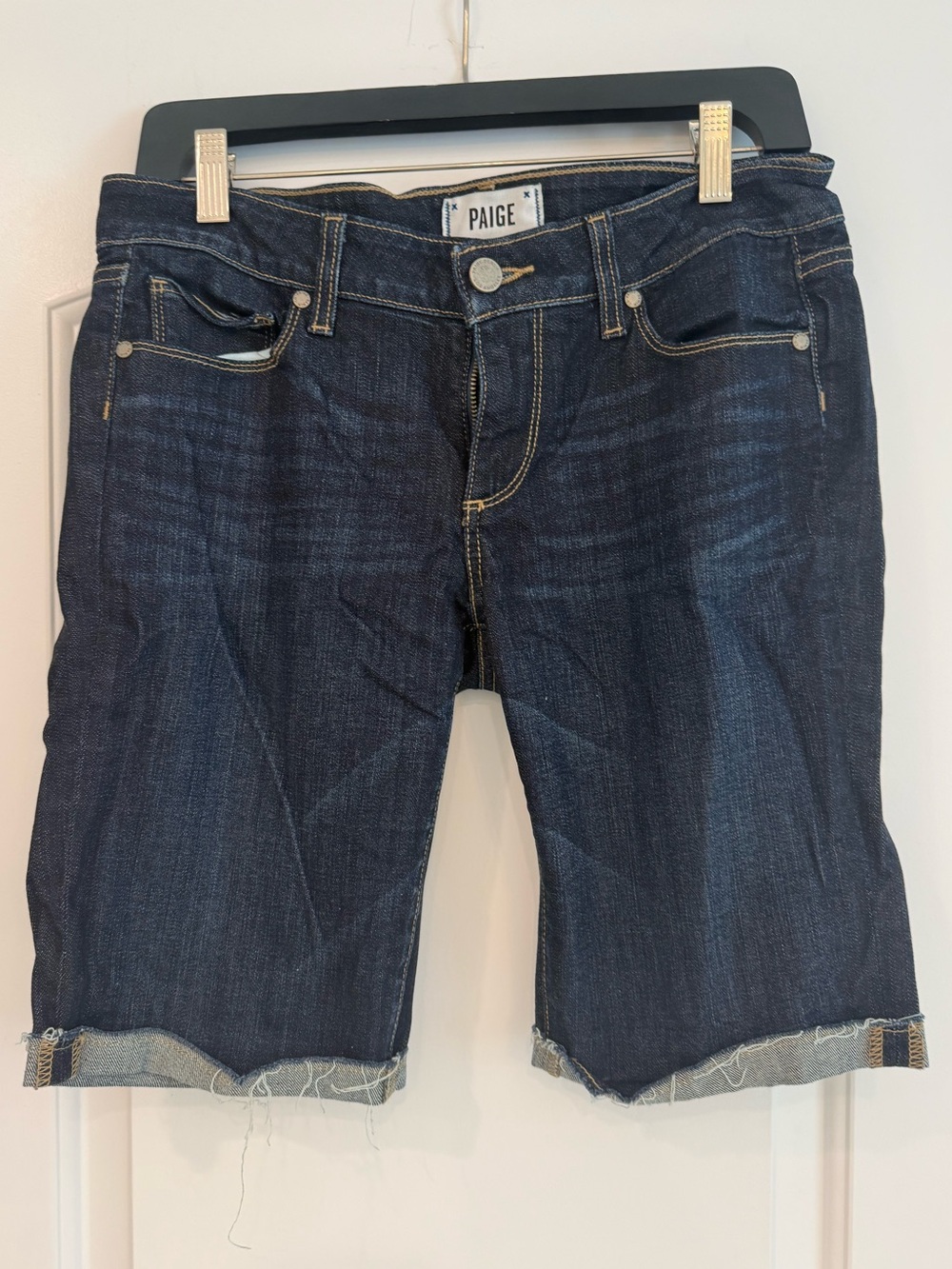 PAIGE Dark Indigo Denim Shorts with Contrast Stitching